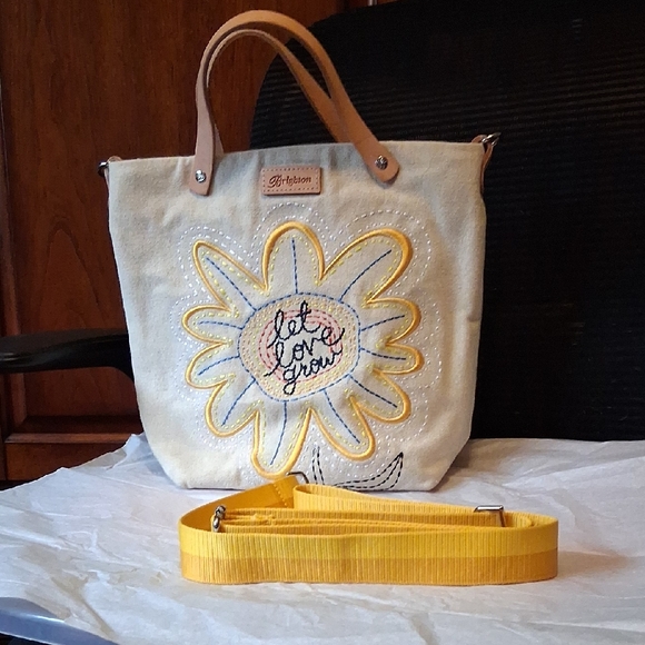 Brighton Handbags - Brighton Cream Canvas Satchel with Yellow Daisy and Leather Handles